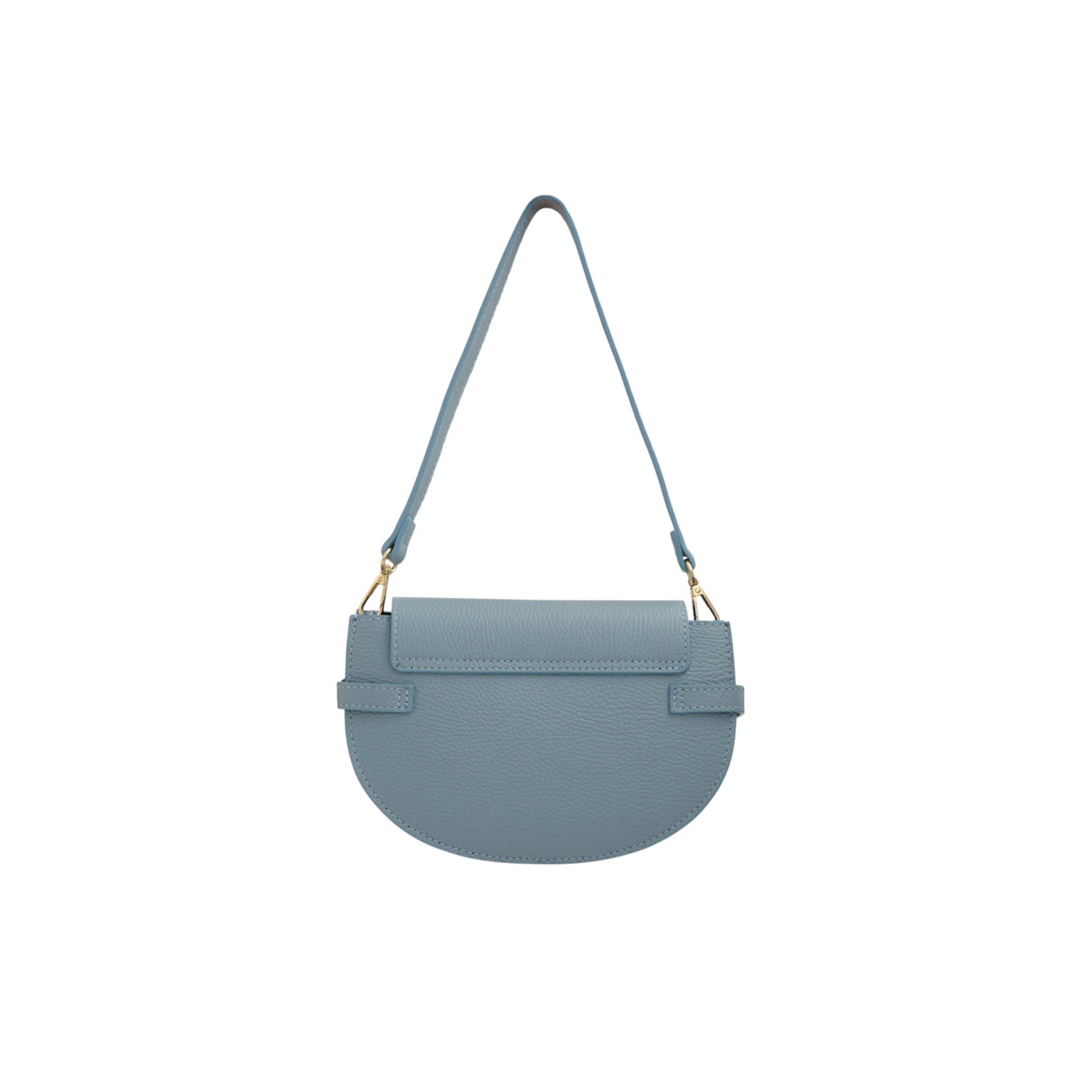 Dusty blue pebbled leather half-moon bag with a flap closure, two horizontal straps, a matching shoulder strap, and gold-tone