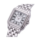 Silver-toned rectangular watch with white mother-of-pearl dial, black Roman numerals, inner square border, and metal link bra