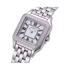 Silver-toned square watch with a white mother-of-pearl dial, black Roman numerals, and a clear stone-encrusted bezel. Feature