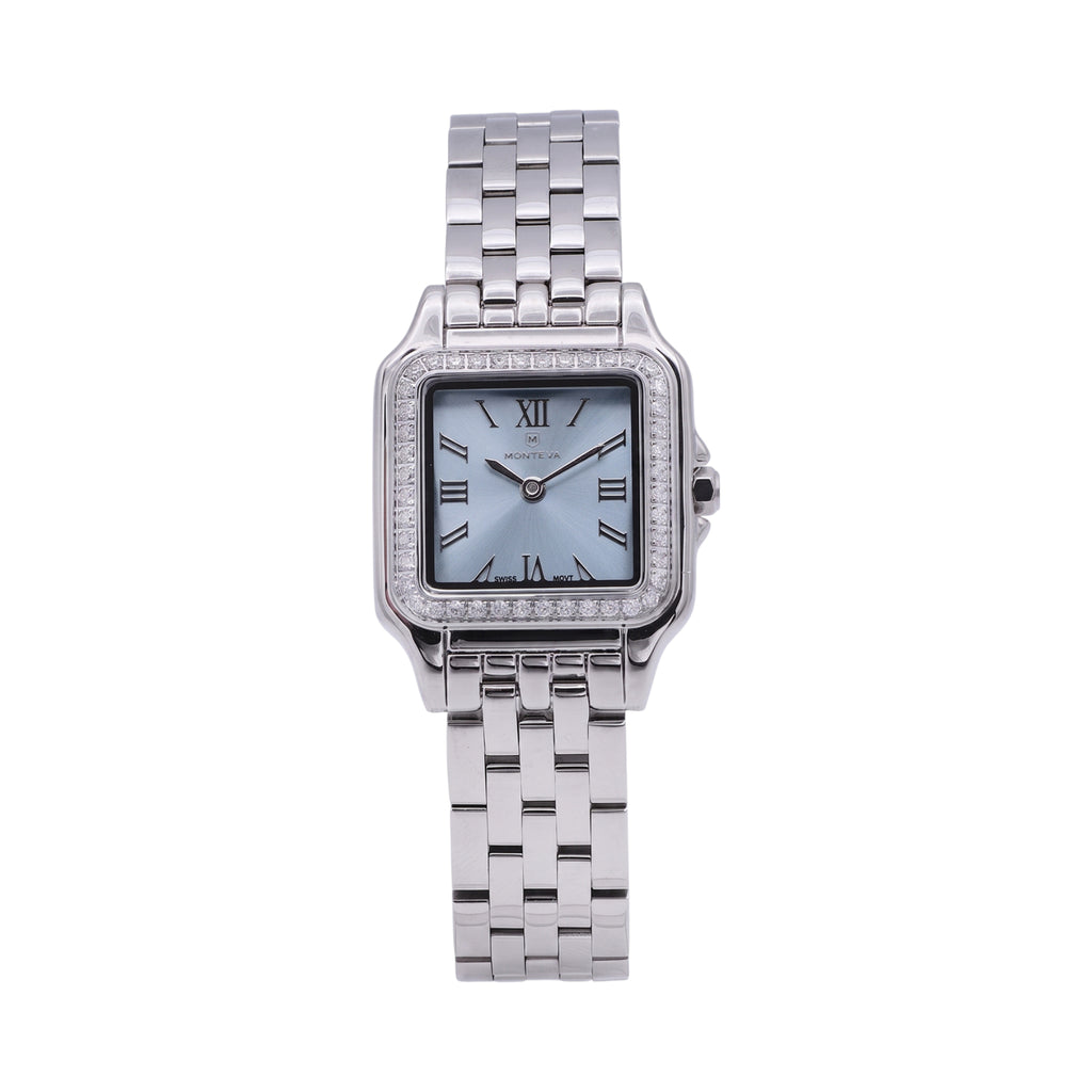 Monteva ladies' watch with a silver-toned square case, light blue dial, stone-set bezel, and silver-toned metal link bracelet