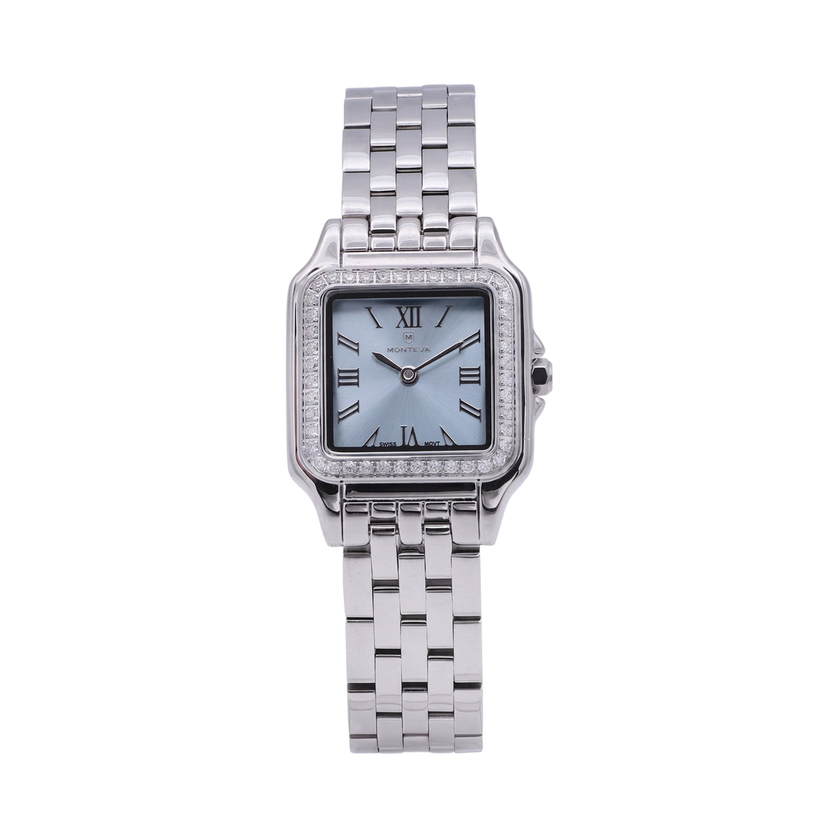 Monteva ladies' watch with a silver-toned square case, light blue dial, stone-set bezel, and silver-toned metal link bracelet