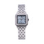 Monteva ladies' watch with a silver-toned square case, light blue dial, stone-set bezel, and silver-toned metal link bracelet