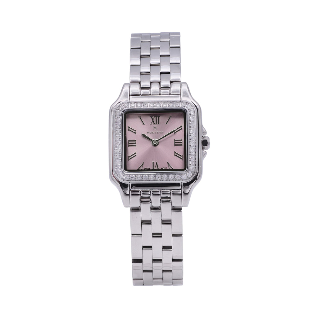 Monteva ladies' watch with a silver-toned square case, pink dial with Roman numerals, and a silver-toned link bracelet.