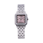 Monteva ladies' watch with a silver-toned square case, pink dial with Roman numerals, and a silver-toned link bracelet.