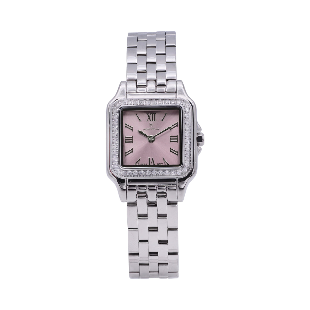 Monteva ladies' watch with a silver-toned square case, pink dial with Roman numerals, and a silver-toned link bracelet.