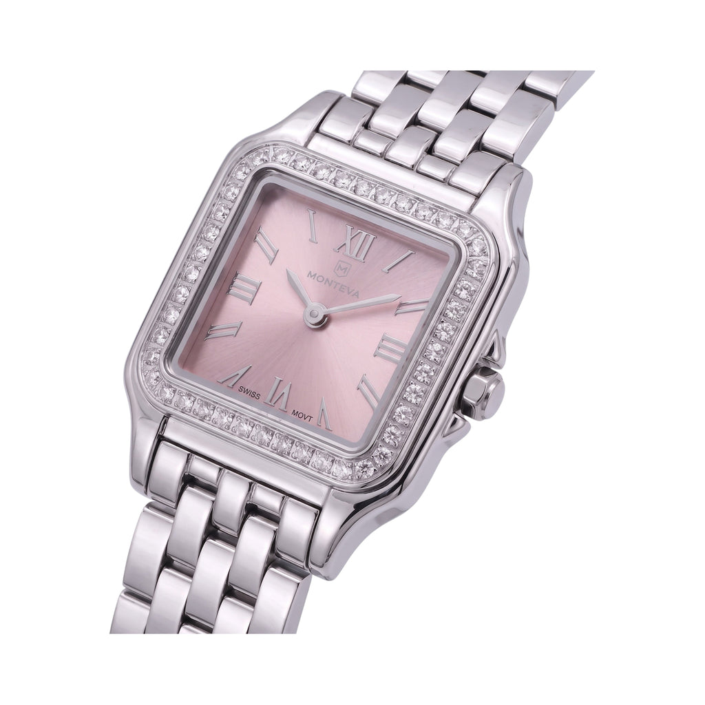 Silver-toned square watch with pink sunburst dial, silver Roman numerals, stone-studded bezel, and metal link bracelet.