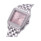 Silver-toned square watch with pink sunburst dial, silver Roman numerals, stone-studded bezel, and metal link bracelet.