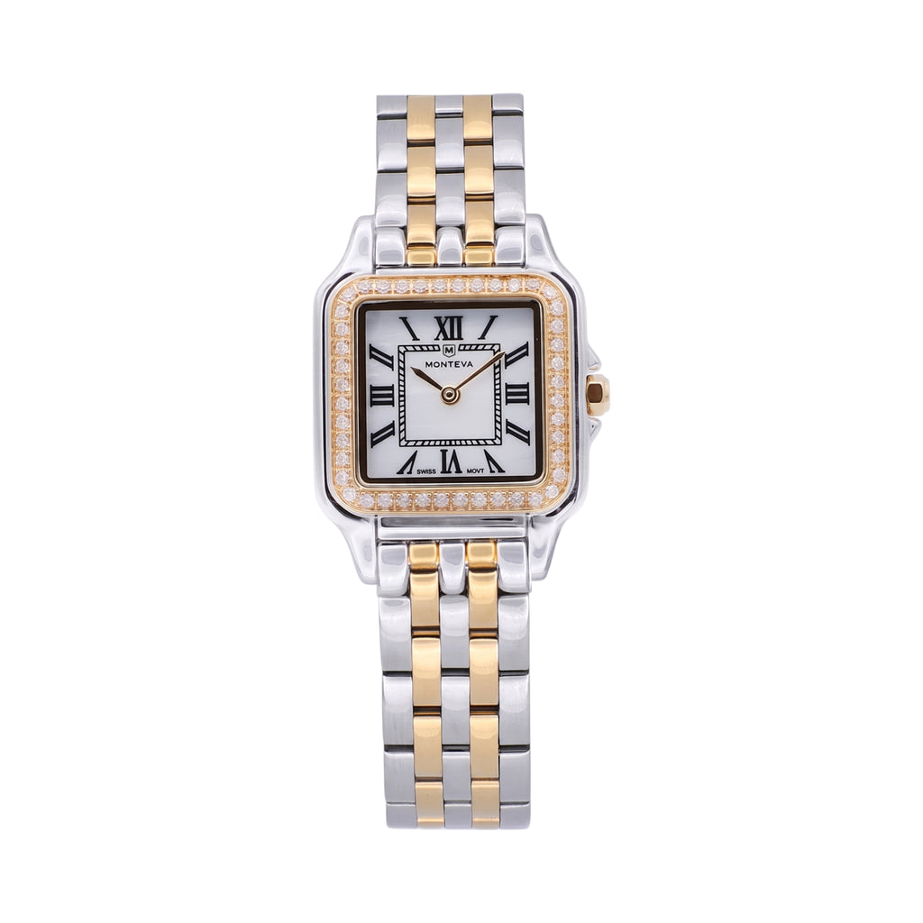 Monteva ladies' watch with silver-toned and gold-toned two-tone link bracelet, rectangular case, white dial, and small clear