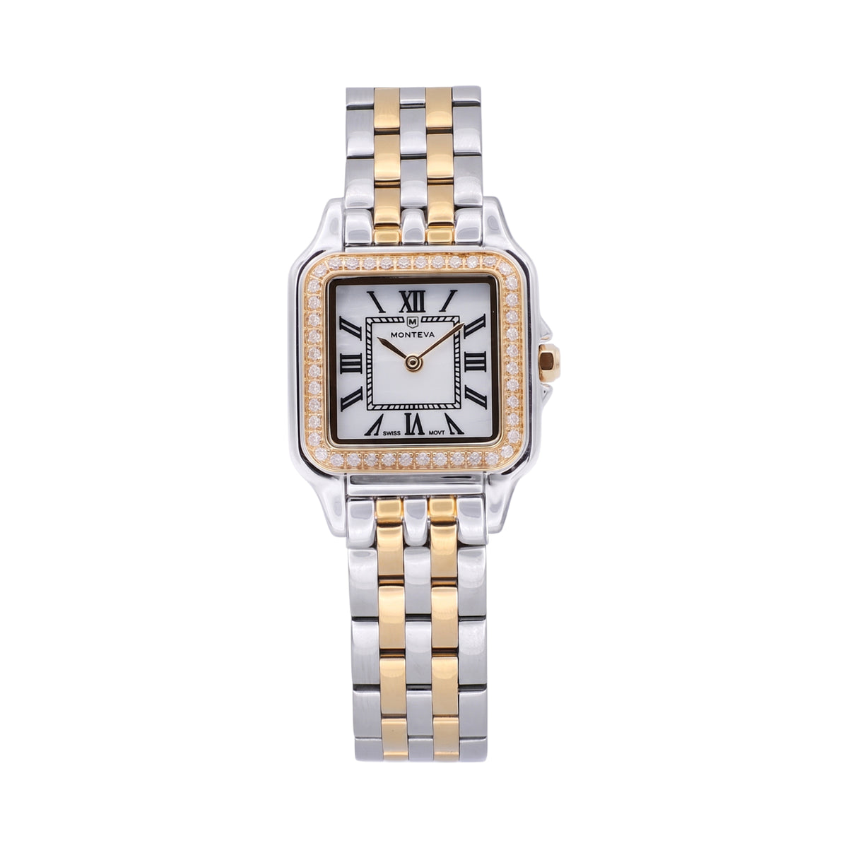 Monteva ladies' watch with silver-toned and gold-toned two-tone link bracelet, rectangular case, white dial, and small clear