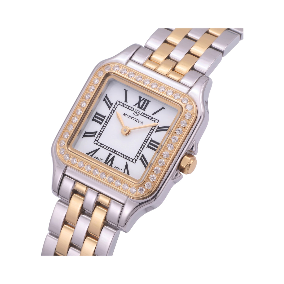 Two-tone metal rectangular watch, white dial, black Roman numerals, gold-toned bezel with clear stones, link bracelet.