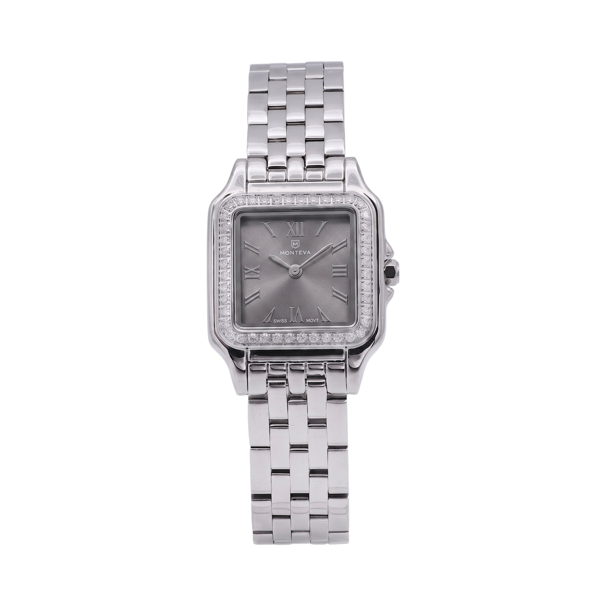 Silver-toned Monteva ladies watch with a cushion-shaped case, grey dial, and a bezel set with small clear stones.