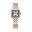 Monteva ladies' watch with a silver and gold-toned two-tone metal bracelet, square case, white dial, and black Roman numerals