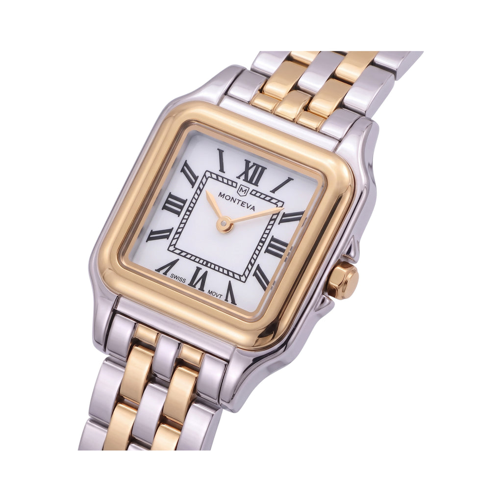 Two-toned watch with a silver-toned case, gold-toned bezel, white square dial with black Roman numerals, and a two-toned link