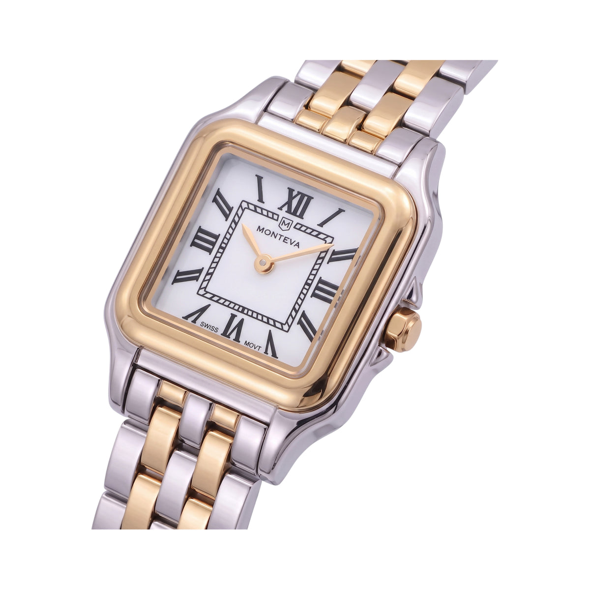 Two-toned watch with a silver-toned case, gold-toned bezel, white square dial with black Roman numerals, and a two-toned link