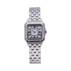 Silver-toned Monteva ladies' watch with a cushion-shaped case, white mother-of-pearl effect dial, and metal link bracelet.