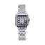 Silver-toned Monteva ladies' watch with a cushion-shaped case, white mother-of-pearl effect dial, and metal link bracelet.