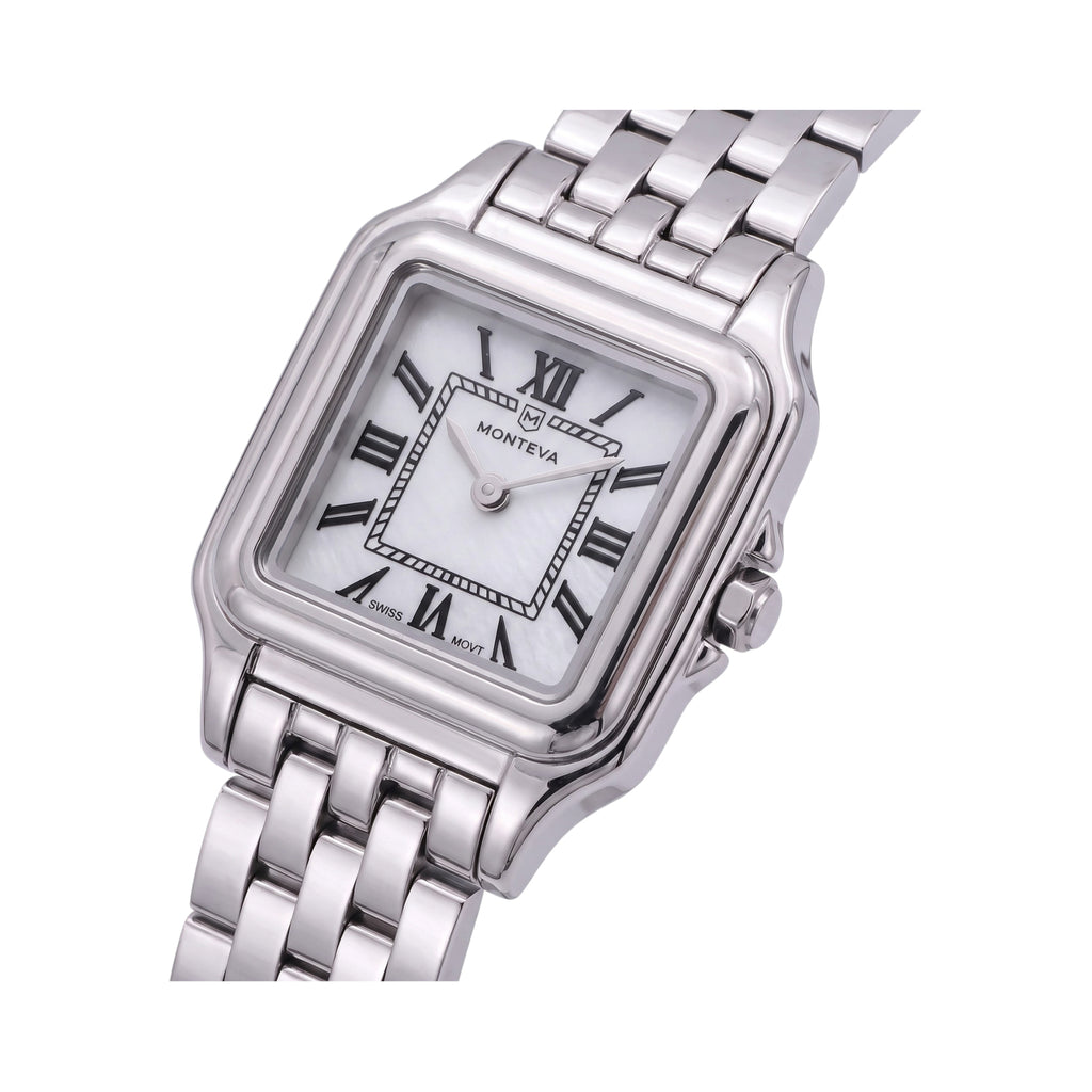 Silver-toned watch with a rectangular case, white mother-of-pearl dial, black Roman numerals, and a metal link bracelet.