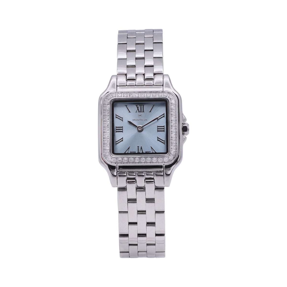 Monteva ladies' watch with a silver-toned multi-link bracelet, square case, light blue dial, and crystal-embellished bezel. Main image