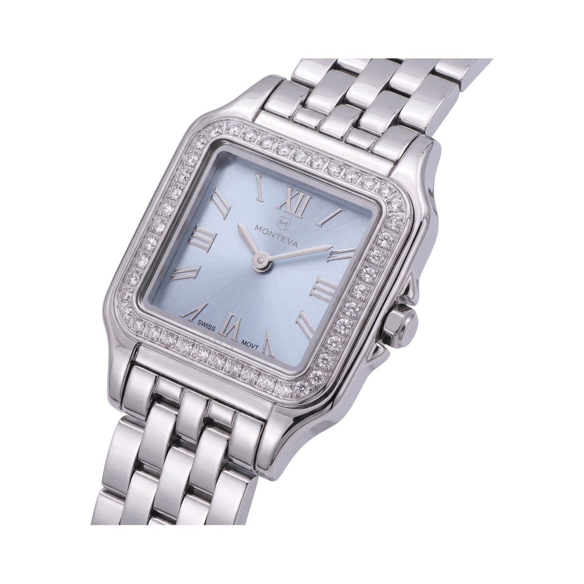 Silver-toned square watch with a light blue sunburst dial, clear stone-encrusted bezel, Roman numerals, and a metal link brac