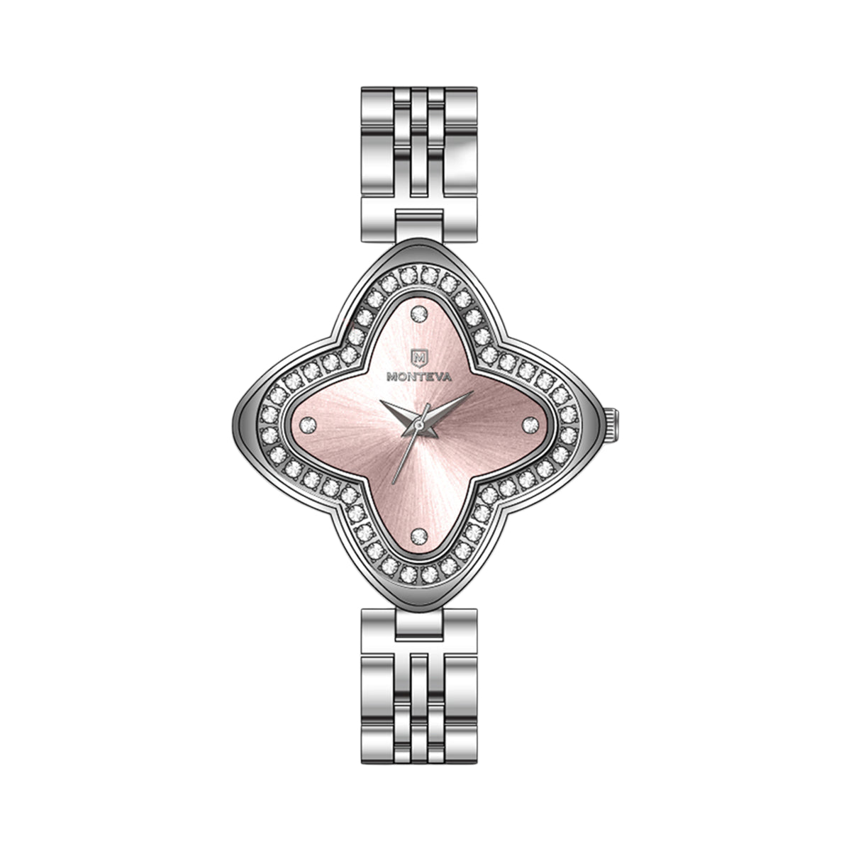 Silver-toned Monteva ladies' watch with a four-lobed case, pink sunray dial, and clear stones set around the bezel.