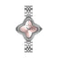 Silver-toned Monteva ladies' watch with a four-lobed case, pink sunray dial, and clear stones set around the bezel.