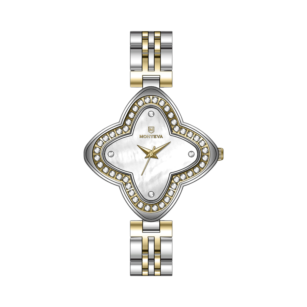 Monteva ladies' watch with a silver-toned quatrefoil case, gold-toned stone-set bezel, white mother-of-pearl effect dial, and