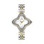 Monteva ladies' watch with a silver-toned quatrefoil case, gold-toned stone-set bezel, white mother-of-pearl effect dial, and
