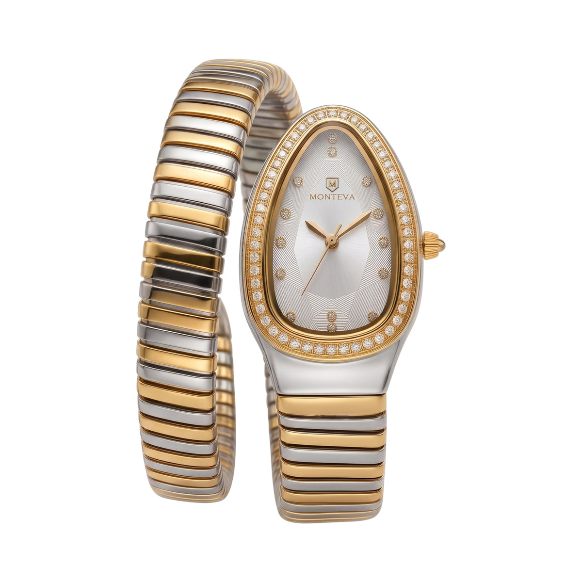 Monteva ladies' watch with an elongated silver-toned case, gold-toned stone-set bezel, and a two-tone gold and silver coiled