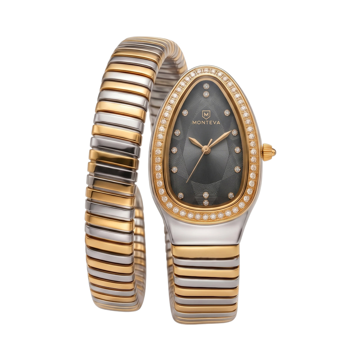 Monteva ladies' watch with an oval dark grey dial, gold-toned crystal-set bezel, and two-tone gold and silver snake bracelet.