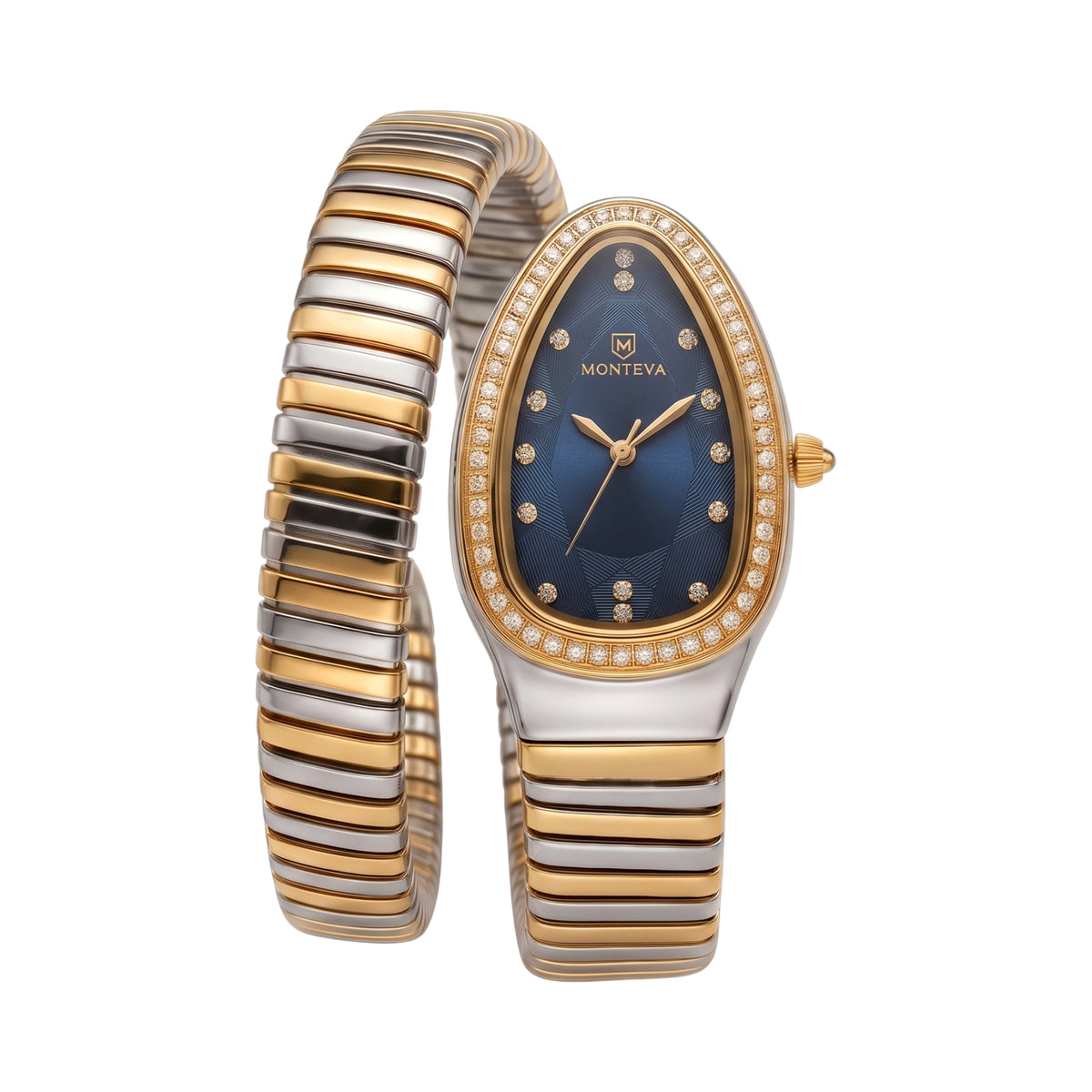 Monteva ladies' watch with an elongated silver-toned and gold-toned case, dark blue dial, stone-set bezel, and two-tone coile