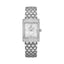 Silver-toned Monteva ladies' watch with a rectangular case, white mother-of-pearl effect dial, and a silver-toned snake-patte