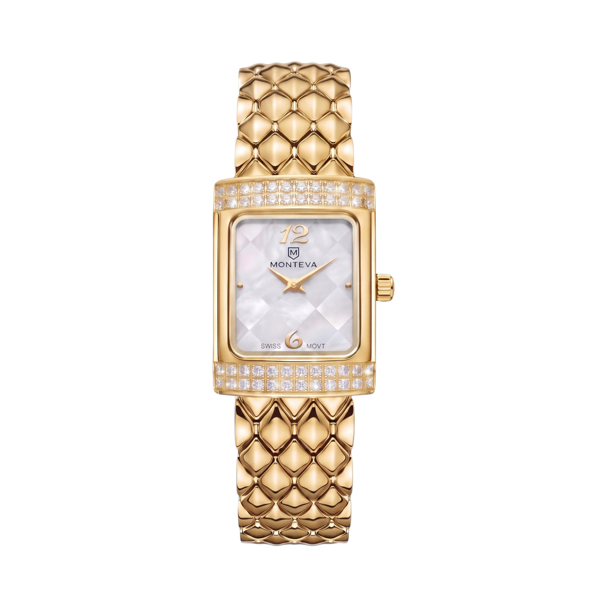 Gold-toned rectangular ladies' watch with a white mother-of-pearl dial, clear stone embellishments, and a textured bracelet.