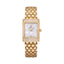 Gold-toned rectangular ladies' watch with a white mother-of-pearl dial, clear stone embellishments, and a textured bracelet.