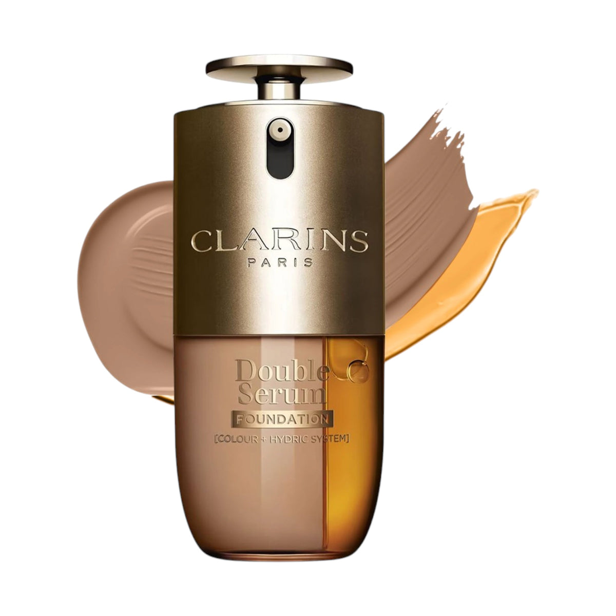 Clarins Double Serum Foundation bottle with a gold-toned pump and clear body, revealing two liquids: light brown and amber.
