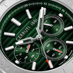 A close-up macro product photograph detailing the green sunray ridge pattern of the Filiano dial, luminous silver hour bars, and the fine concentric snailing on the multi-function sub-dials.