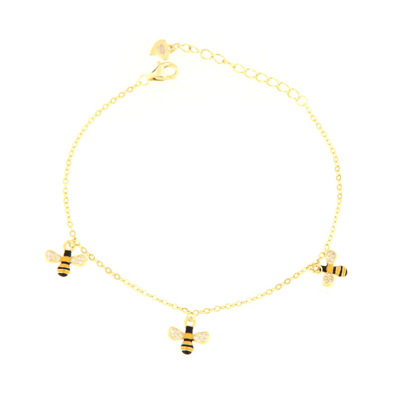 Maison Gioielli Firenze women's gold-plated sterling silver bracelet with enamel bee charms and zircon wings