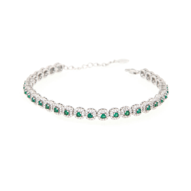 Maison Gioielli Firenze women's sterling silver bracelet with emerald-colored stones and zircon halo accents