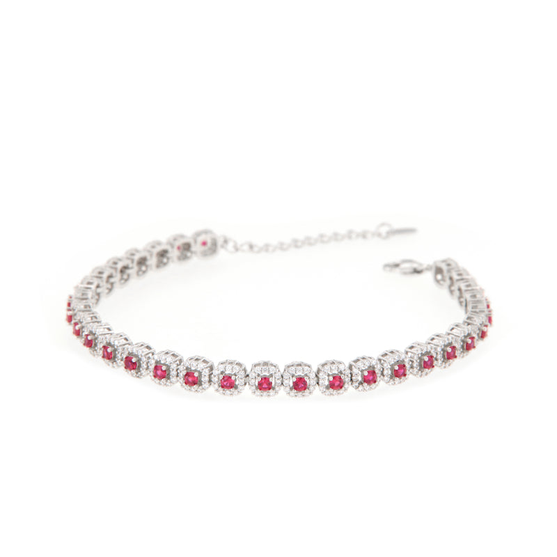 Maison Gioielli Firenze women's sterling silver bracelet with ruby-colored stones and zircon halo accents