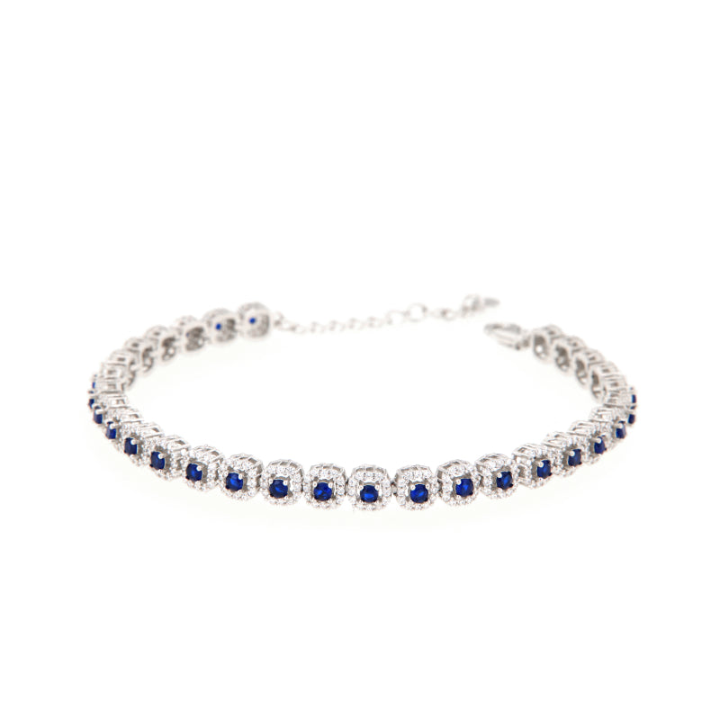 Maison Gioielli Firenze women's sterling silver bracelet with sapphire-colored stones and zircon halo accents
