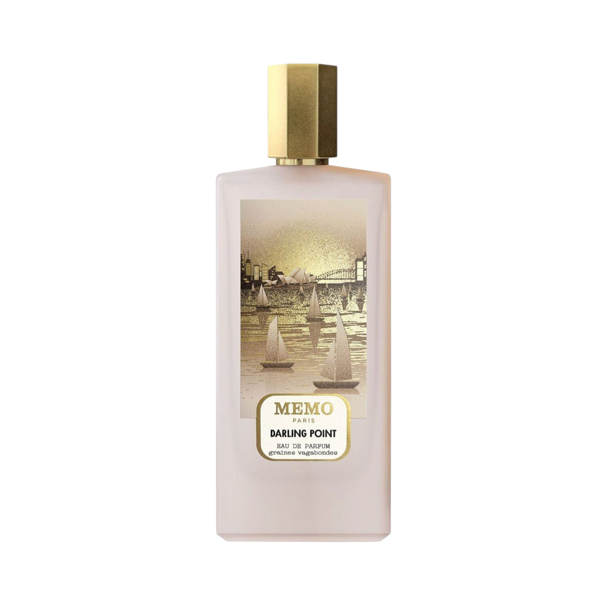 Frosted light pink rectangular perfume bottle with a gold-toned cap and an illustrated label depicting a golden cityscape wit