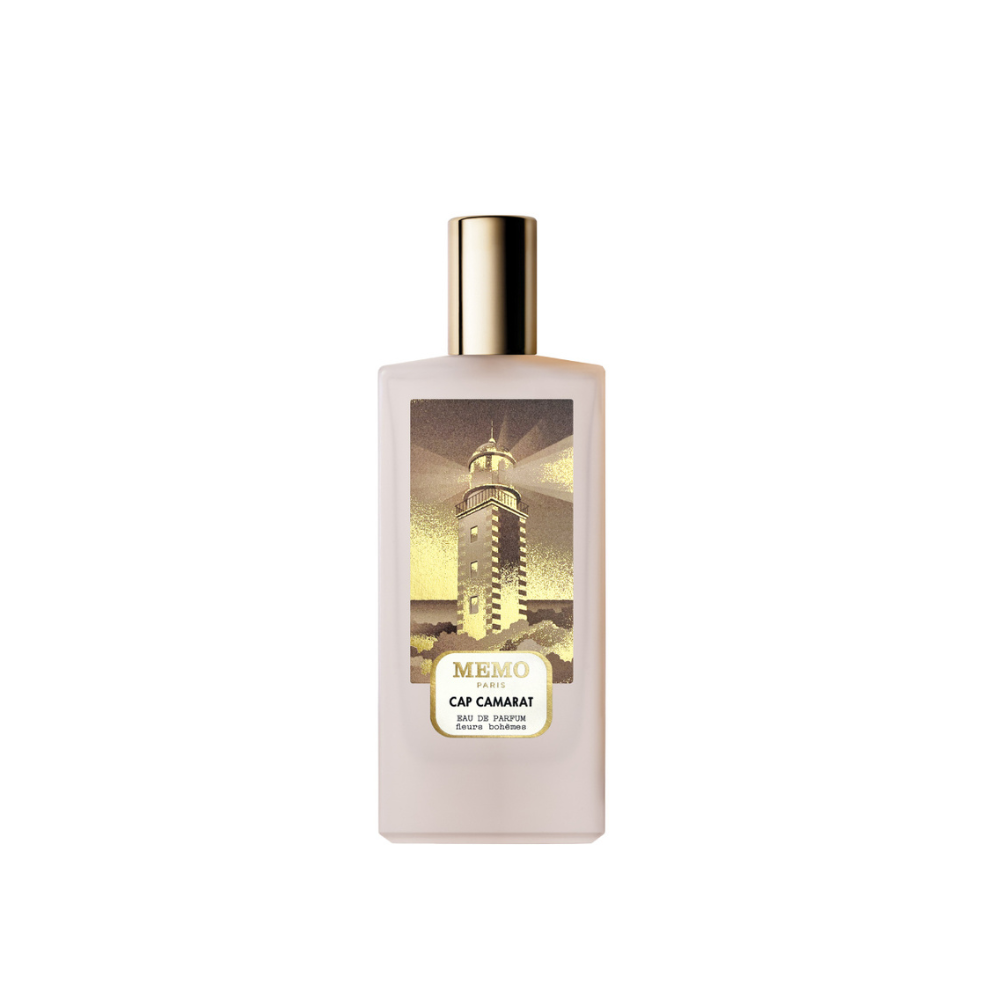 Front view of a  luxury perfume set featuring the Memo Paris Cap Camarat Eau de Parfum bottle and its presentation box.