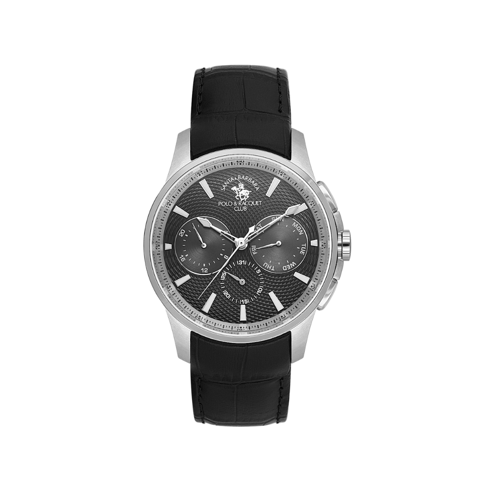 Men's watch with a silver-toned case, black textured dial, three sub-dials, and a black crocodile-embossed strap.