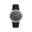 Men's watch with a silver-toned case, black textured dial, three sub-dials, and a black crocodile-embossed strap.