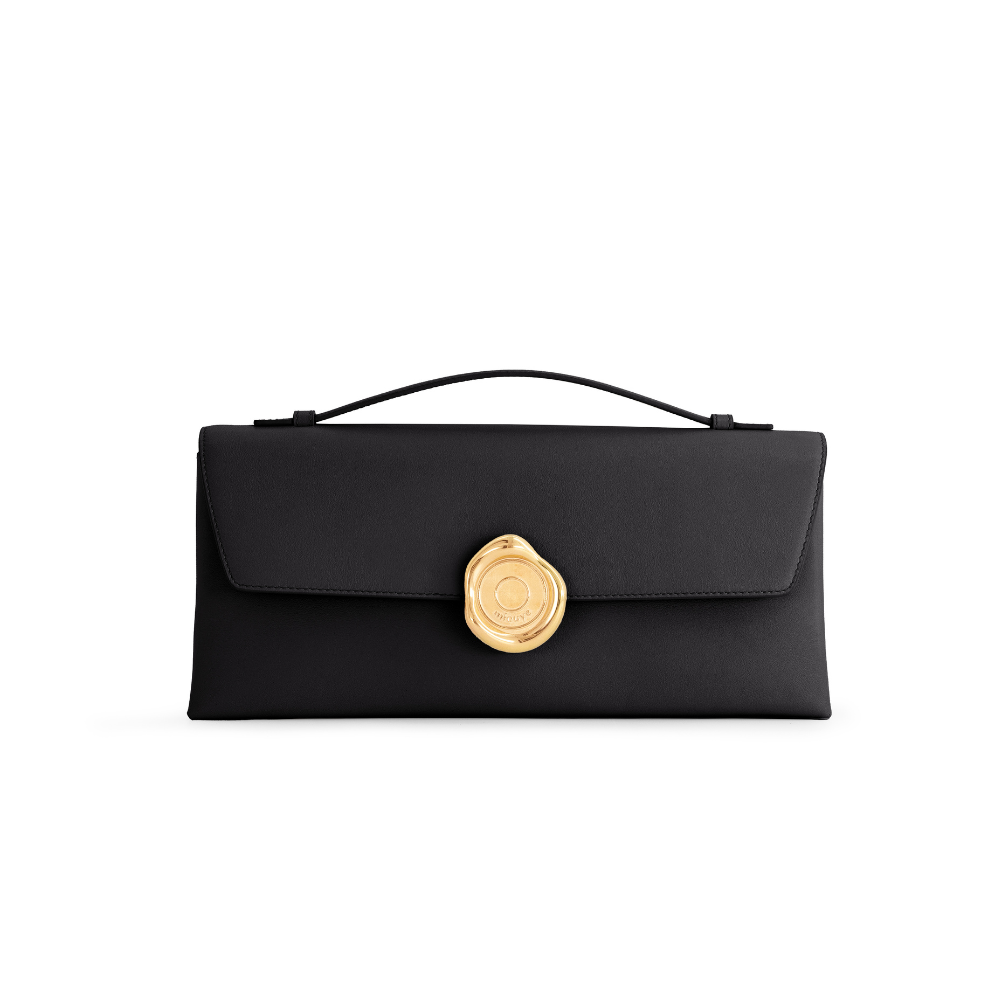 Mlouye Seal Clutch black leather handbag with signature gold-tone Seal clasp