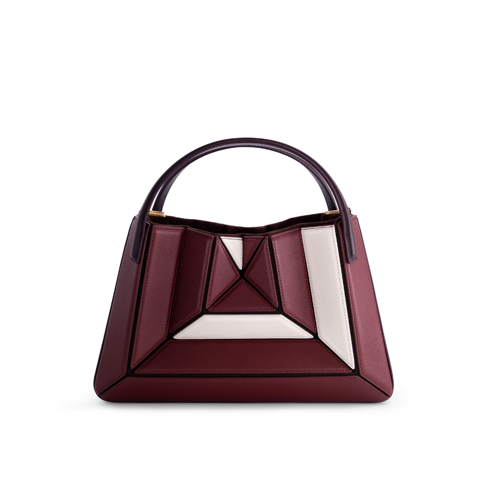 Mlouye Sera Mia leather handbag in Bordeaux and Off White with geometric architectural design