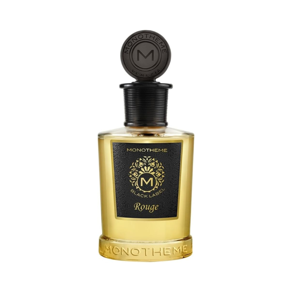 Monotheme Black Label Rouge Eau de Parfum 100ml in a black and gold bottle, available for online purchase at Paris Gallery Qatar