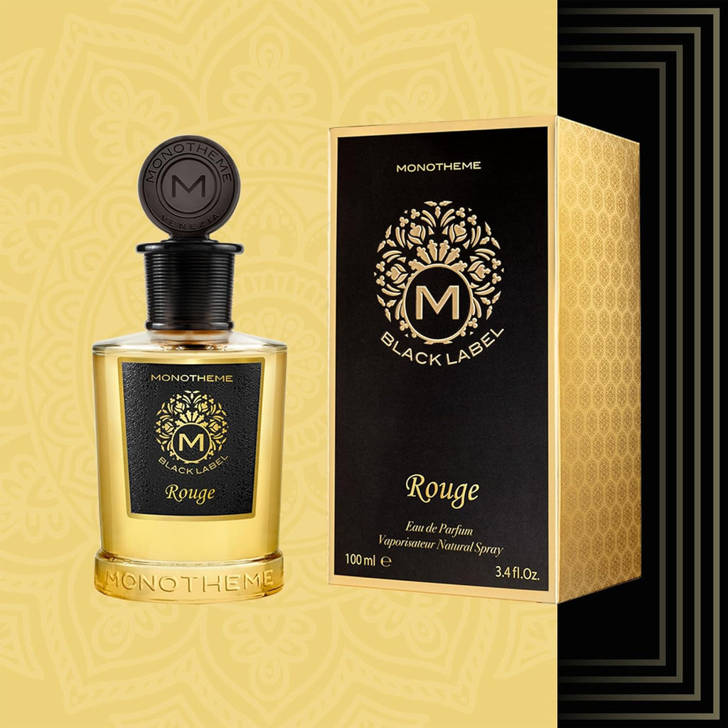 Monotheme Black Label Rouge Eau de Parfum 100ml in a black and gold bottle, available for online purchase at Paris Gallery Qatar