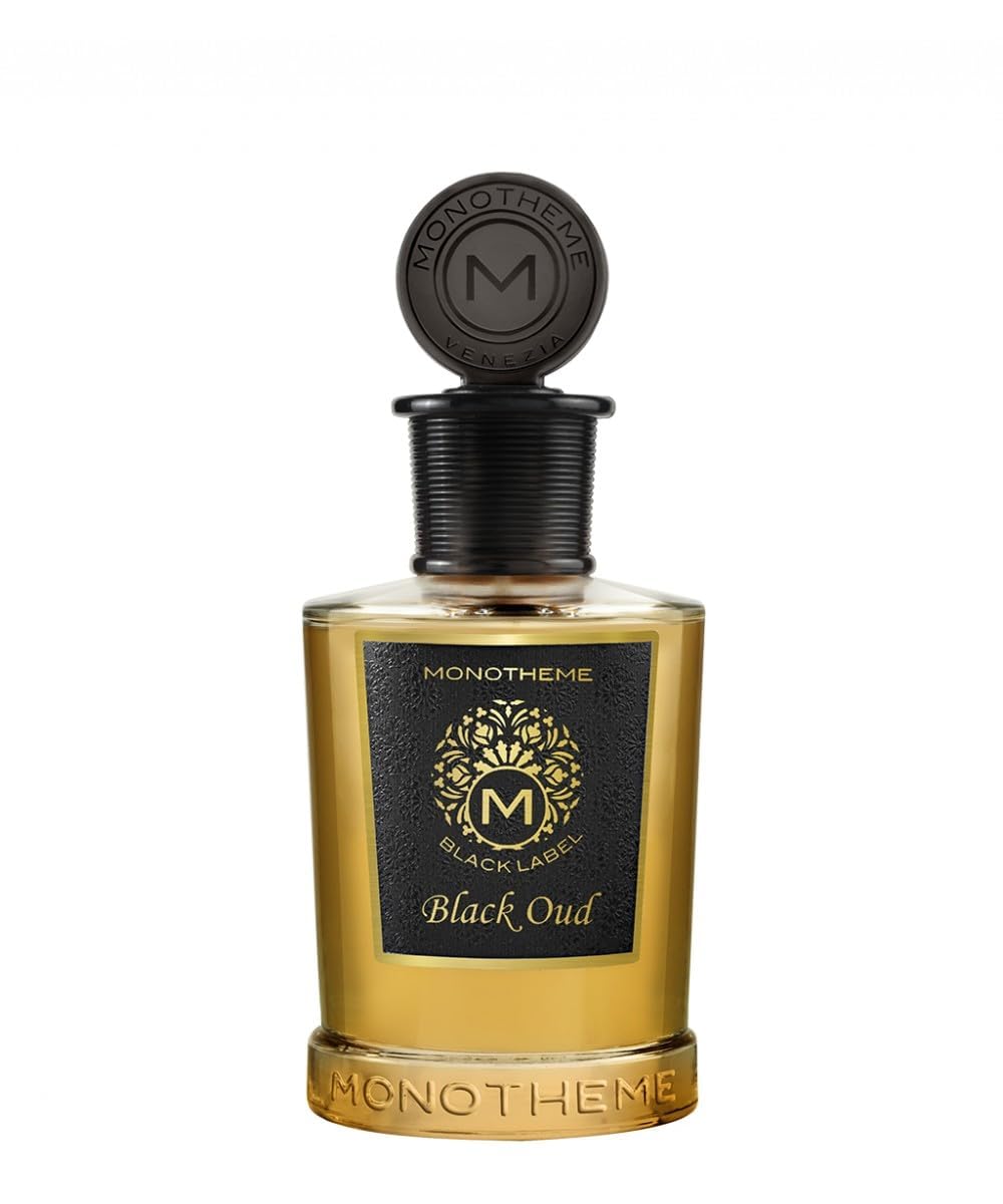 Monotheme Black Oud Eau de Parfum 100ml in a black and gold bottle, available for online purchase at Paris Gallery Qatar