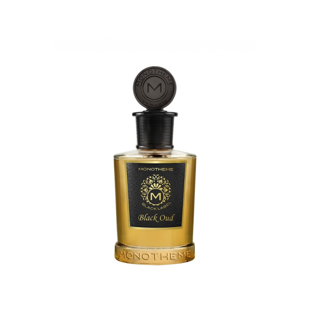 Monotheme Black Oud Eau de Parfum 100ml in a black and gold bottle, available for online purchase at Paris Gallery Qatar