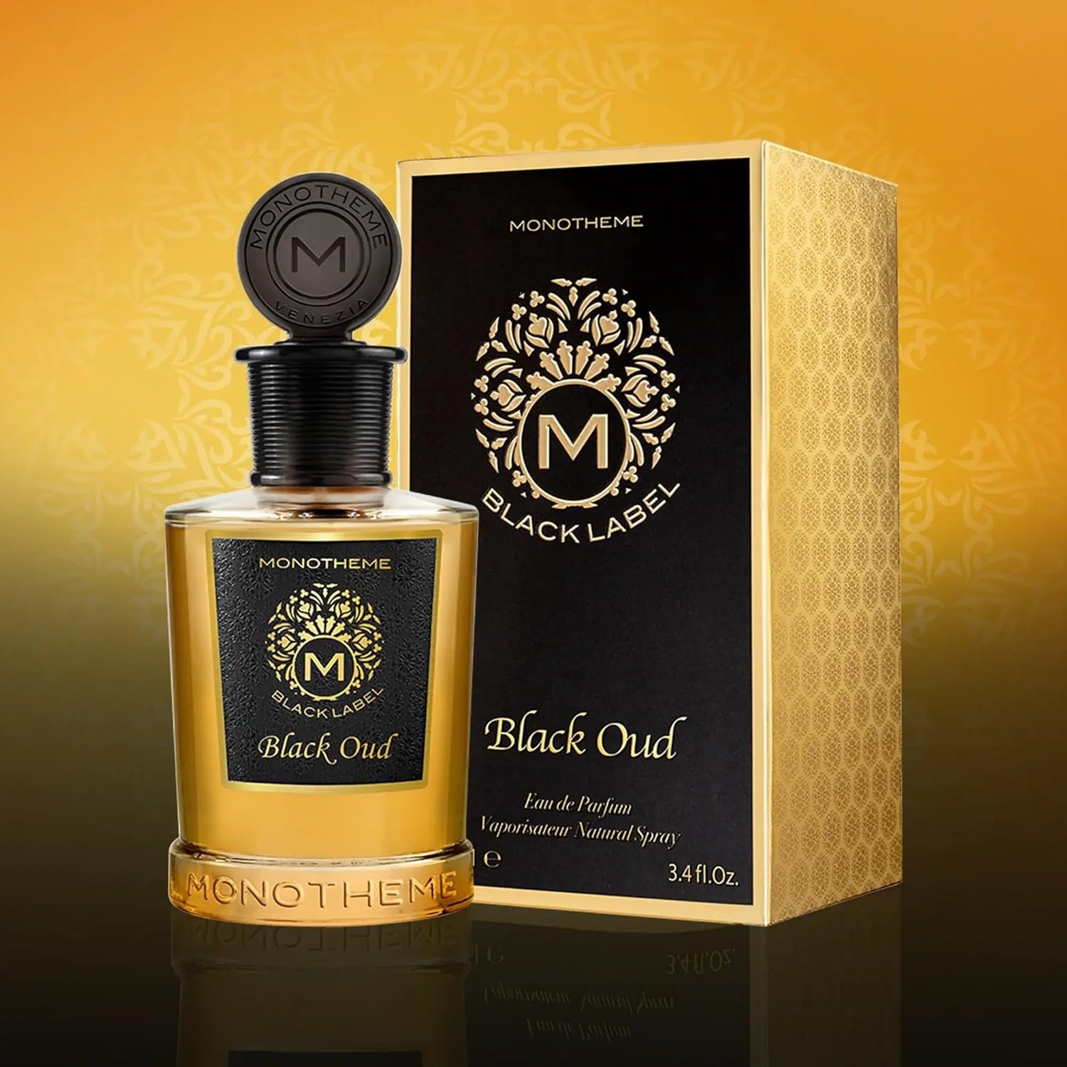 Monotheme Black Oud Eau de Parfum 100ml in a black and gold bottle, available for online purchase at Paris Gallery Qatar
